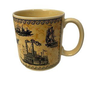 Vintage RUSS‎ BERRIE Nautical Sailing Ships Steamboat Porcelain Coffee Mug Cup